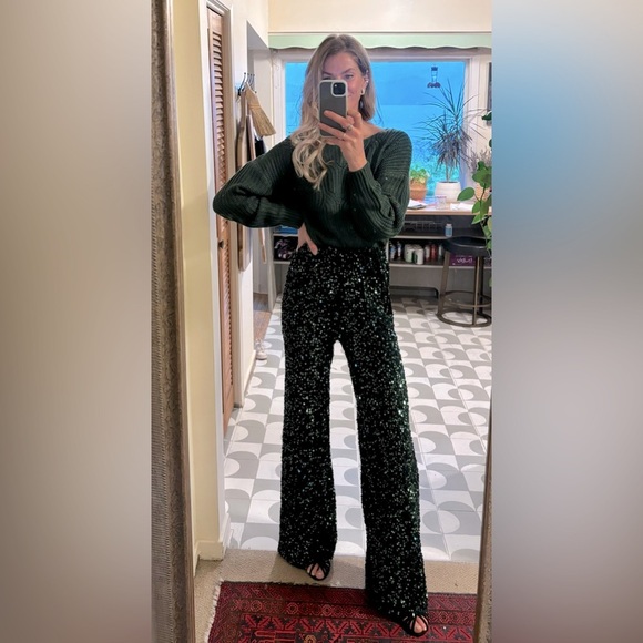 ✨ Custom Handmade EMERALD GREEN Sequin Velvet Velour Wide Leg Palazzo Pants - Picture 11 of 11